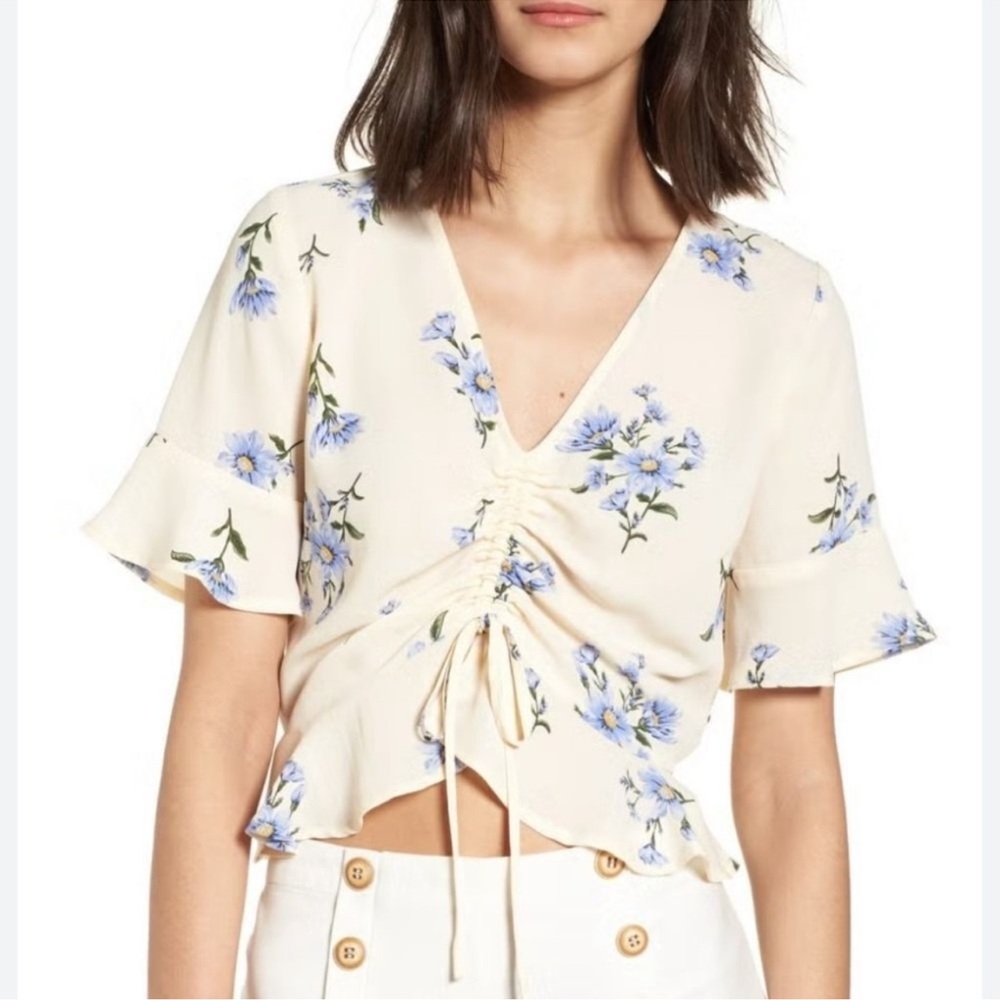 Cream Floral Ruched V-Neck Crop Top